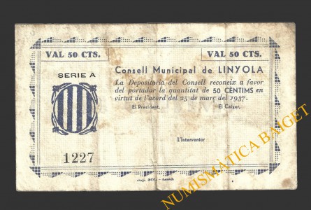 LINYOLA (Lleida), 50 centims, 25 de març del 1937  