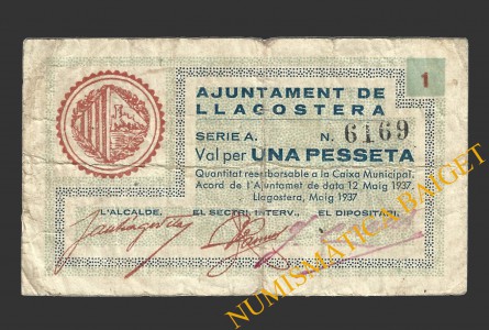 LLAGOSTERA (Girona), 1 pesseta, 12 de maig del 1937  