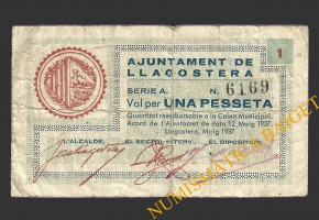 LLAGOSTERA (Girona), 1 pesseta, 12 de maig del 1937  