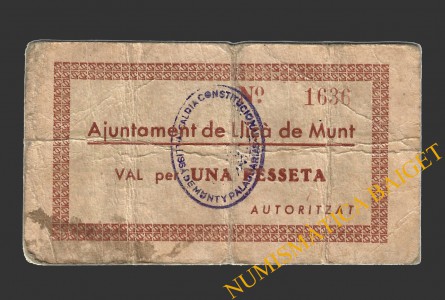 LLIÇA DE MUNT (Barcelona), 1 pesseta, 1937