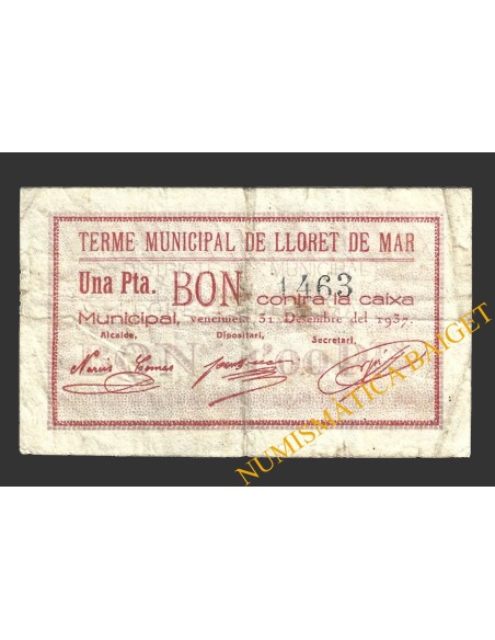 LLORET DE MAR (Girona), 1 pesseta, 30 d'abril del 1937