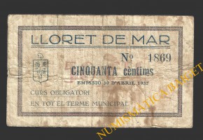 LLORET DE MAR (Girona), 50 centims, 30 d'abril del 1937