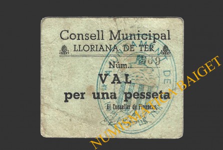 LLORIANA DE TER (Barcelona), 1 pesseta, 3 de maig del 1937