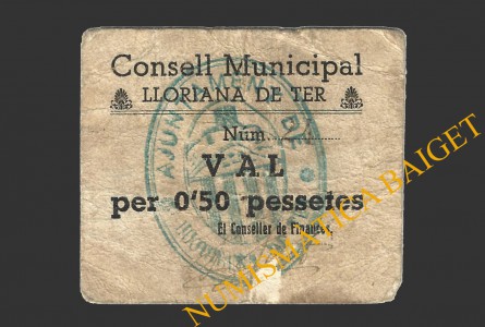 LLORIANA DE TER (Barcelona), 0'50 pessetes, 3 de maig del 1937
