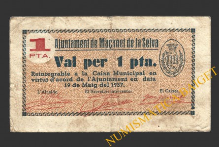 MAÇANET DE LA SELVA (Girona), 1 pesseta, 19 de maig del 1937