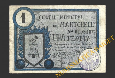 MARTORELL (Barcelona), 1 pesseta, 7 de maig del 1937 (2ª emissió)