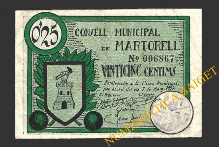 MARTORELL (Barcelona), 25 centims, 7 de maig del 1937 (2ª emissió)