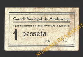 MASDENVERGE (Tarragona), 1 pesseta, 1937 