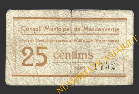 MASDENVERGE (Tarragona), 25 centims, 1937 