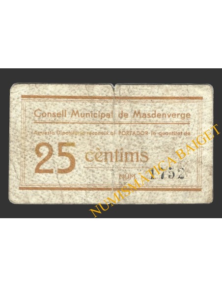 MASDENVERGE (Tarragona), 25 centims, 1937 