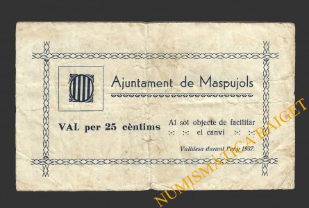 MASPUJOLS (Tarragona), 25 centims, 1937 