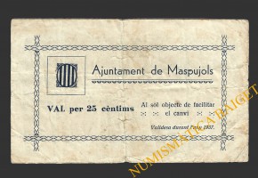 MASPUJOLS (Tarragona), 25 centims, 1937 