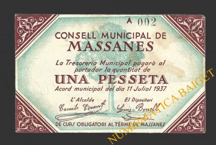 MASSANES (Girona), 1 pesseta, 11 de juliol del 1937 