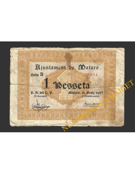 MATARO (Barcelona), 1 pesseta, 16 de març del 1937 