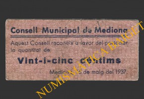 MEDIONA (Barcelona), 25 centims, 15 de maig del 1937 