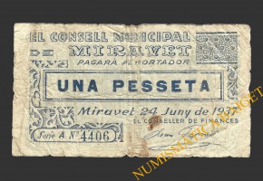 MIRAVET (Tarragona), 1 pesseta, 24 de juny del 1937 