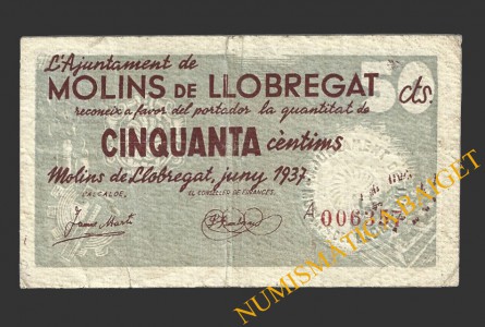 MOLINS DE LLOBREGAT (Barcelona),50 centims, juny del 1937 