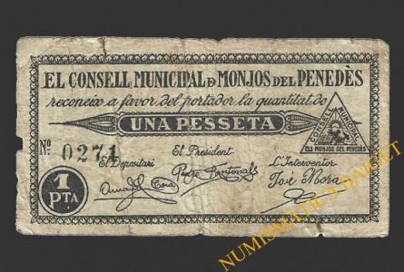 MONJOS DEL PENEDES (Barcelona), 1 pesseta, 1937 