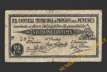 MONJOS DEL PENEDES (Barcelona), 25 centims, 1937 