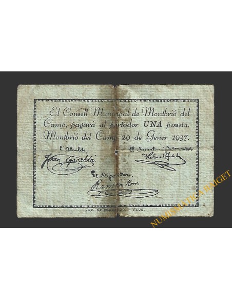 MONTBRIO DEL CAMP (Tarragona), 1 pesseta, 29 de gener del 1937 