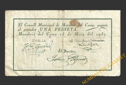 MONTBRIO DEL CAMP (Tarragona), 1 pesseta, 25 de maig del 1937 