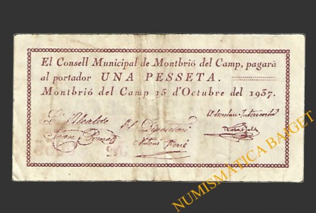 MONTBRIO DEL CAMP (Tarragona), 1 pesseta, 15 d'octubre del 1937 