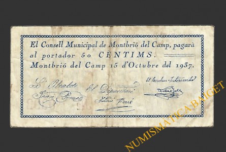 MONTBRIO DEL CAMP (Tarragona), 50 centims, 15 d'octubre del 1937 