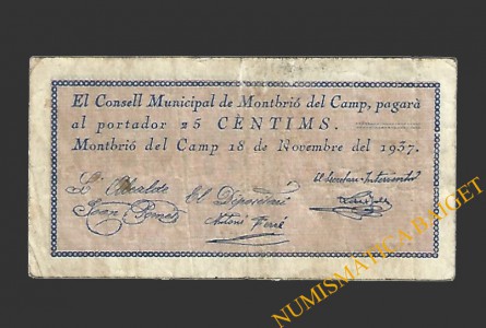 MONTBRIO DEL CAMP (Tarragona), 25 centims, 18 de novembre del 1937 
