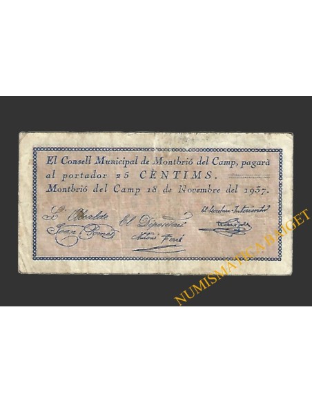MONTBRIO DEL CAMP (Tarragona), 25 centims, 18 de novembre del 1937 