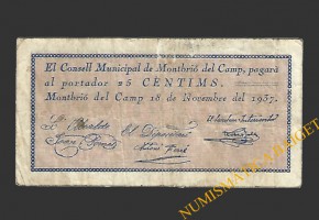 MONTBRIO DEL CAMP (Tarragona), 25 centims, 18 de novembre del 1937 