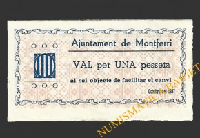 MONTFERRI (Tarragona), 1 pesseta, octubre del 1937 