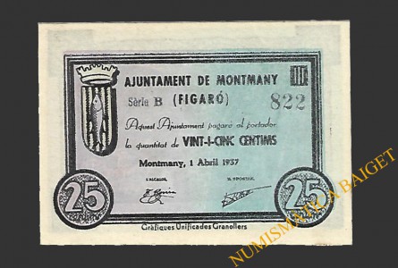 MONTMANY-FIGARO (Barcelona), 25 centims, 1 d'abril del 1937 (2ª serie)