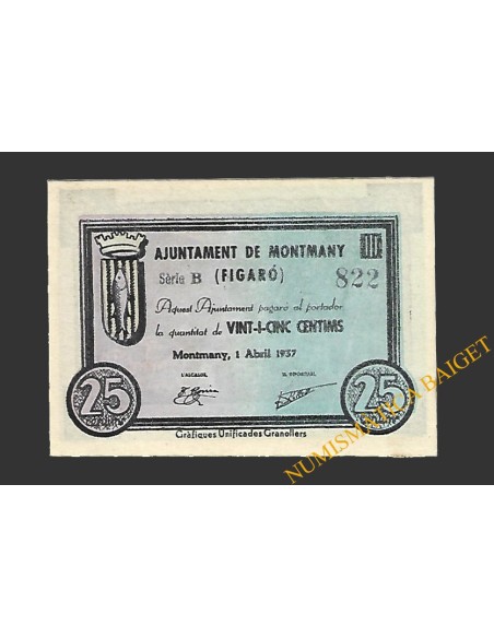 MONTMANY-FIGARO (Barcelona), 25 centims, 1 d'abril del 1937 (2ª serie)