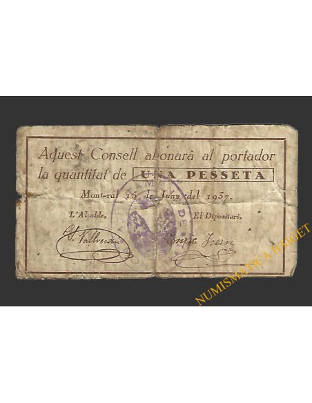 MONTRAL (Tarragona), 1 pesseta, 15 de juny del 1937