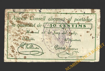 MONTRAL (Tarragona), 50 centims, 15 de juny del 1937