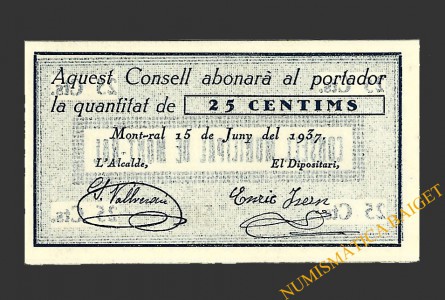 MONTRAL (Tarragona), 25 centims, 15 de juny del 1937