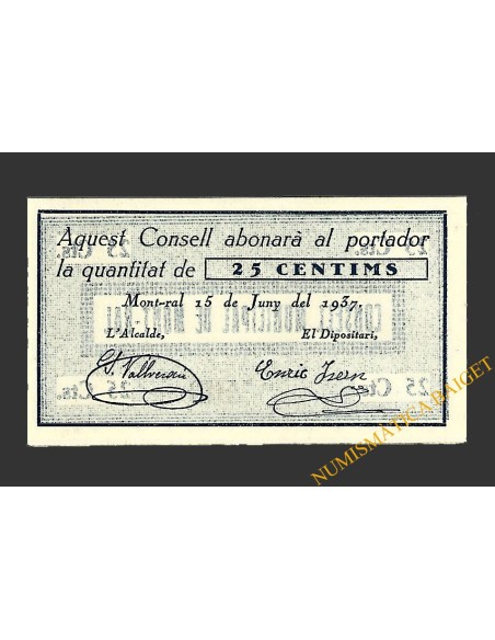 MONTRAL (Tarragona), 25 centims, 15 de juny del 1937