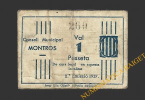 MONTROS (Lleida), 1 pesseta, 1937 (2ª emissió)