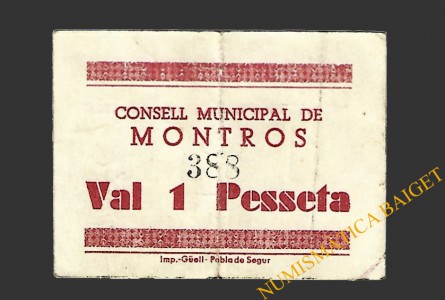 MONTROS (Lleida), 1 pesseta, 1937 