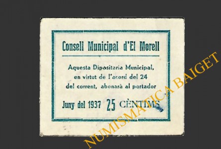 MORELL, EL  (Tarragona), 25 centims, 24 de gener del 1937 