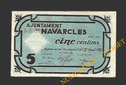 NAVARCLES (Barcelona), 5 centims, 27 d'agost del 1937 