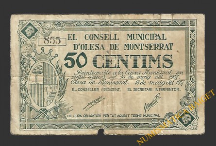 OLESA DE MONTSERRAT (Barcelona),50 centims, 18 de maig del 1937 