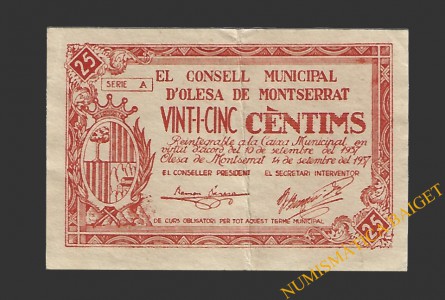 OLESA DE MONTSERRAT (Barcelona), 25 centims, 14 de setembre del 1937 