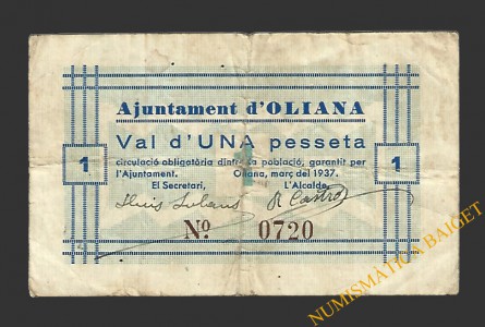 OLIANA (Lleida), 1 pesseta, març del 1937 