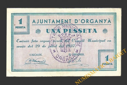 ORGANYA (Lleida), 1 pesseta,  29 de juliol del 1937 