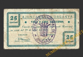ORGANYA (Lleida), 25 centims,  29 de juliol del 1937 