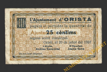 ORISTA (Barcelona), 25 centims,  20 de juliol del 1937 