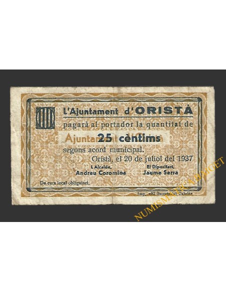 ORISTA (Barcelona), 25 centims,  20 de juliol del 1937 