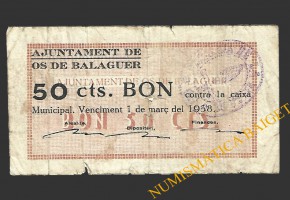 OS DE BALAGUER (Lleida), 50 centims,  25 de març del 1937 
