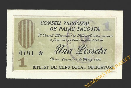 PALAU SACOSTA (Girona), 1 pesseta. 15 de maig del 1937 